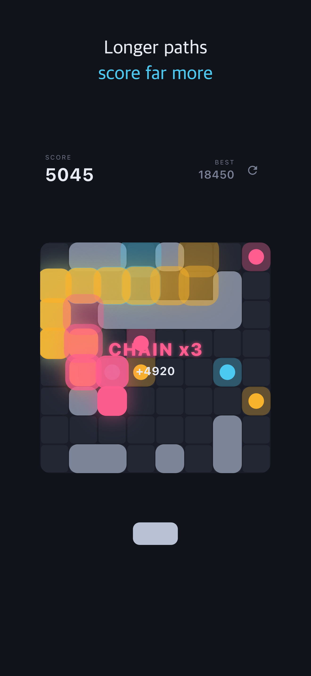Dot Link gameplay screenshot — a chain x3 clear on an 8x8 grid, colored dots joined by a path